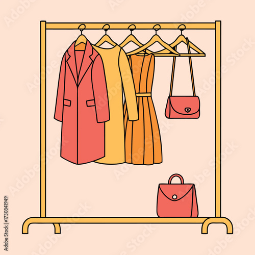 A colorful illustration of a clothing rack displaying a stylish coral trench coat a yellow dress an orange pleated dress and two matching coral handbags on a pale pink background