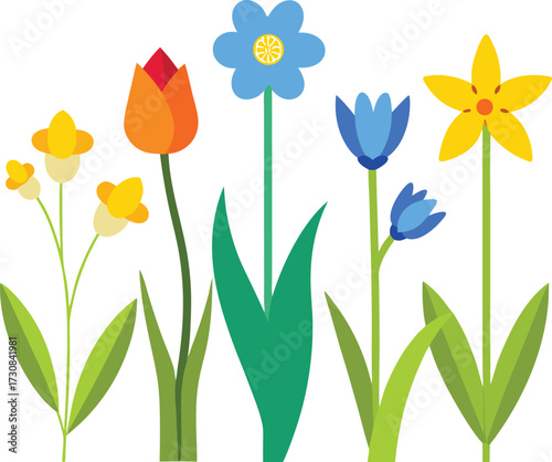 A vibrant illustration of a colorful bouquet of spring flowers including tulips daffodils and bluebells in a flat design style on a white background