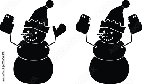 Two cheerful snowman silhouettes with hats and mittens raised in celebration isolated on white background