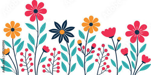 Vibrant hand drawn wildflowers and green stems with leaves against a clean white background perfect for spring and summer designs