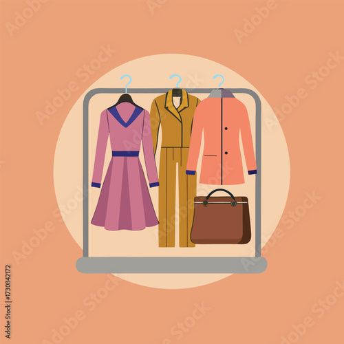 Fashionable women s clothing collection displayed on a rack including a pink dress a yellow coat and an orange jacket with a brown handbag