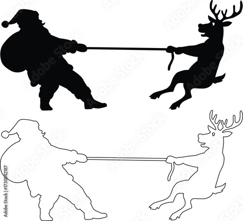 Santa claus and reindeer playing tug of war silhouette isolated on white background