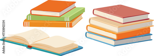 A collection of colorful stacked books and an open book on a clean white background symbolizing knowledge learning and education