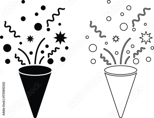 Two party poppers exploding confetti and streamers silhouette isolated on white background