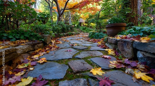 Weathered stone path lined with colorful fallen leaves. Peaceful garden