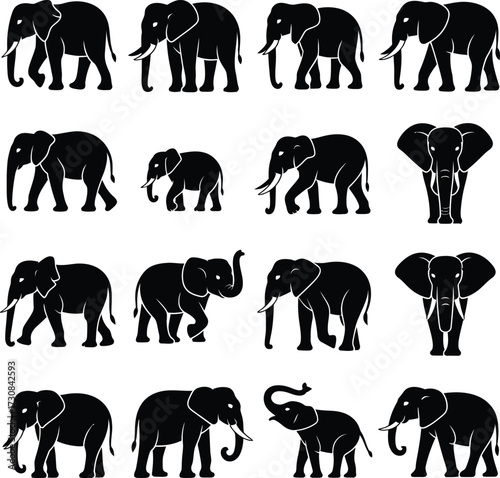 Elephant Silhouette Vector set  Wildlife Safari Animal Graphic EPS Illustration .