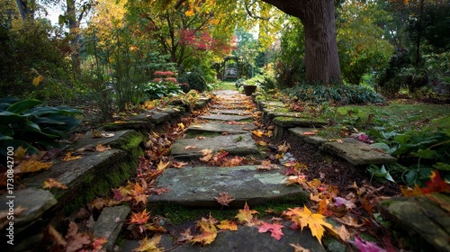 Weathered stone path lined with colorful fallen leaves. Peaceful garden