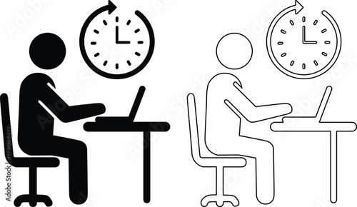 Two figures working at desks with laptops and clocks indicating time passing isolated on white background silhouette