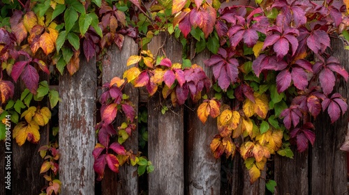 Rustic wooden fence covered in climbing autumn ivy