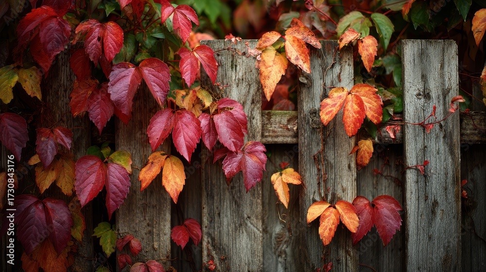 Obraz premium Rustic wooden fence covered in climbing autumn ivy