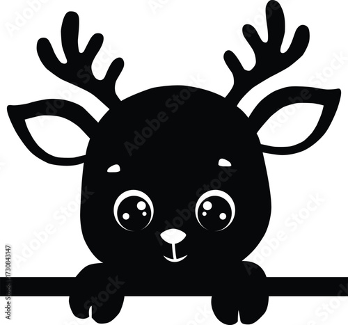 Cute cartoon deer head silhouette peeking over a ledge isolated on white background