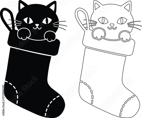Cute black cat peeking out of a christmas stocking silhouette isolated on white background