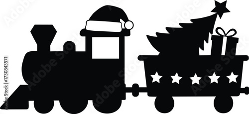 Christmas train silhouette with santa hat and presents isolated on white background