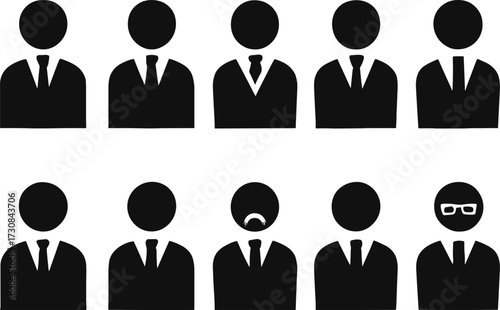 Silhouette icons of suited individuals in rows, conformity versus individuality concept, minimal vector style, professional attire, unique character, corporate identity illustration