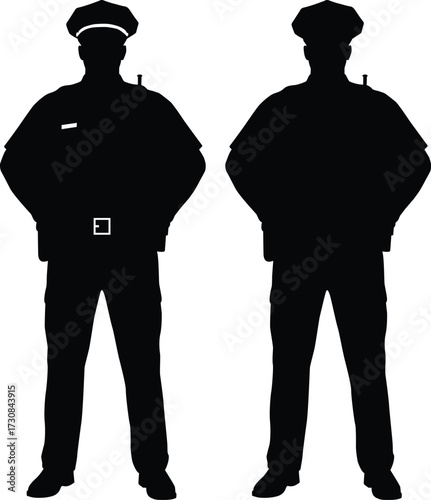 Two police officers standing confidently in silhouette isolated on white background