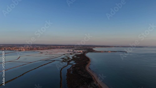 San Pedro del Pinatar Salt Flats Regional Park, Murcia Region, Spain, at dawn from a drone