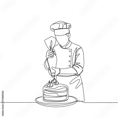 Chef decorating a cake with icing using a piping bag in a minimalist kitchen environment, line style illustration representing culinary arts and creativity  