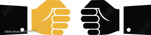 Stylized fist bump illustration with gold and black hands, unity gesture, mutual respect symbol, minimal vector design, social connection, agreement concept, teamwork graphic