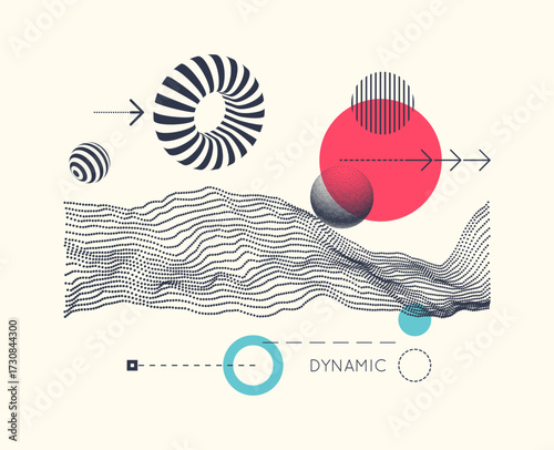 Big data. Sphere and torus. Wavy background. Motion effect. Graphic elements for design. Vector illustration for brochure, poster, cover, card, presentation, flyer or banner.