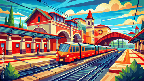 Urban train station scene with red trains painted in watercolor impressionism, blending vibrant motion, architectural details, atmospheric light, artistic brushwork, dynamic perspective, timeless 