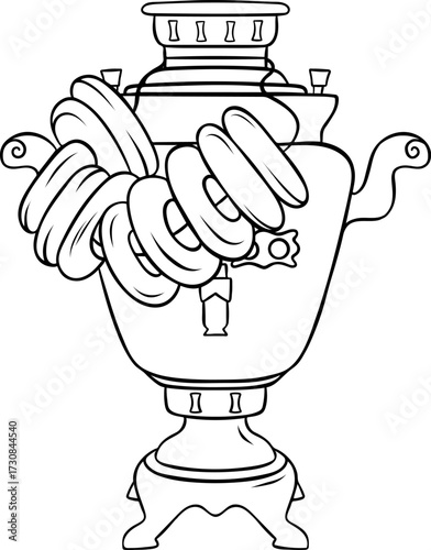 Russian traditional samovar with bagels, simple black and white icon, doodle and sketch style