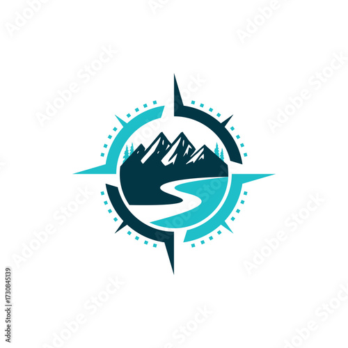 A modern compass logo icon featuring a mountain landscape with a winding river and pine trees.