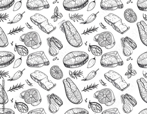 Hand-drawn seafood and herbs seamless pattern