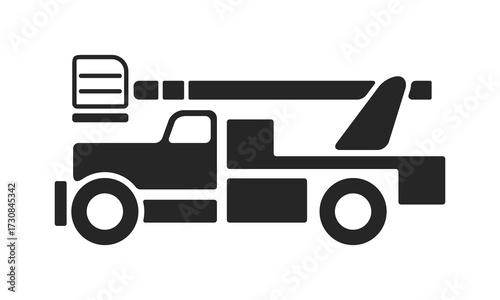 Icon of bucket sign crane mounted on truck. Black and white icon of bucket crane on white background