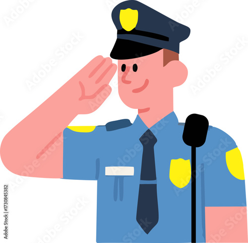 A funny cartoon vector policeman with a hat and handcuffs is a security officer character illustration
