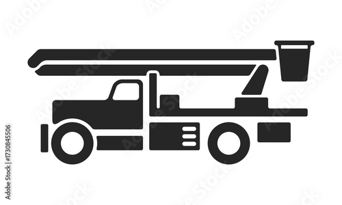 Bucket truck icon. Aerial work basket vehicle. Black and white icon of cherry picker on white background