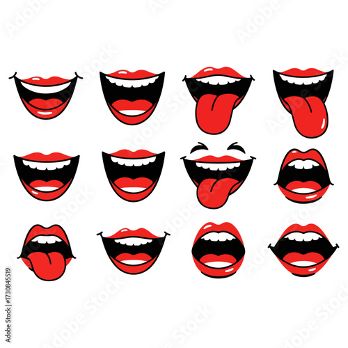 Collection of smiling lips with different expressions and tongues.