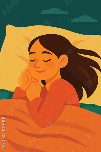 Cute girl sleeping peacefully in bed with cozy blanket
