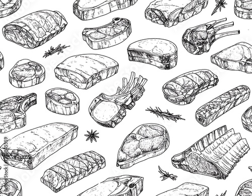 Hand-drawn seamless pattern of various cuts of meat