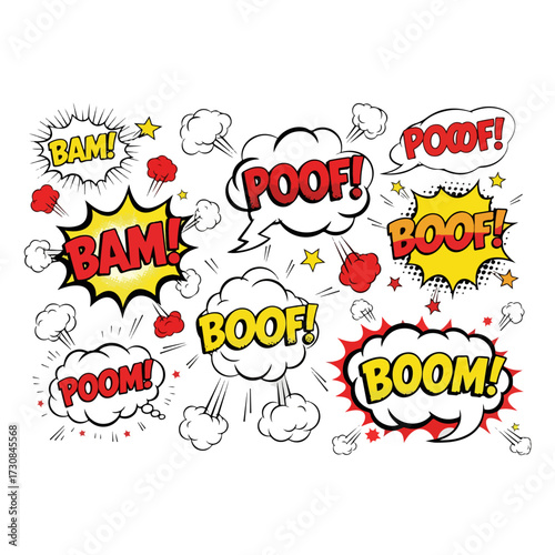 Comic book sound effects in colorful speech bubbles.