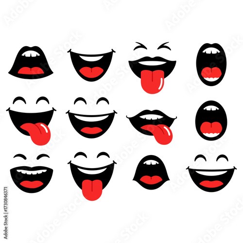 Collection of cartoon smiles and mouths with different expressions.