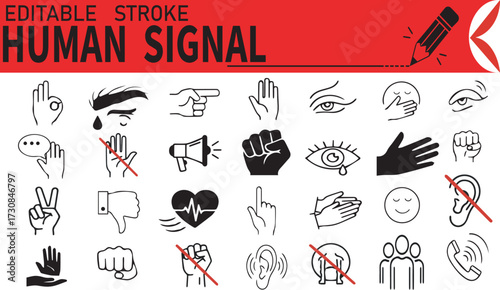 Editable Stroke Human Signal Icons – Gestures, Emotions, Communication, Expression – Red Header Series