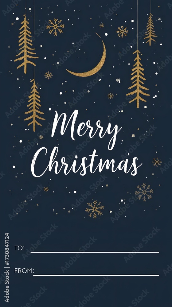 Naklejka premium Vertical Merry Christmas gift tag mockup with gold trees, moon, and snow