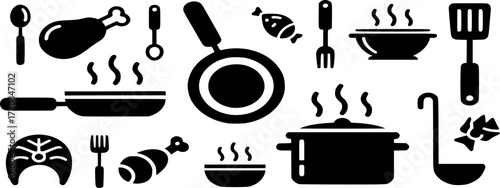 Cooking solid icon set. Kitchen tools boiling, frying, pan, pot, spoon, food and dinner icons vector illustration