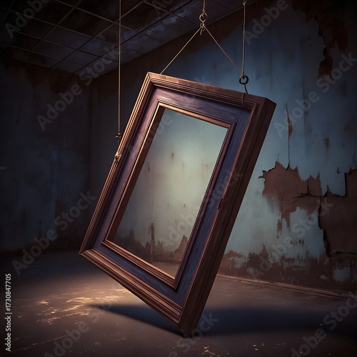 Vintage wooden frame floating in front of concrete wall