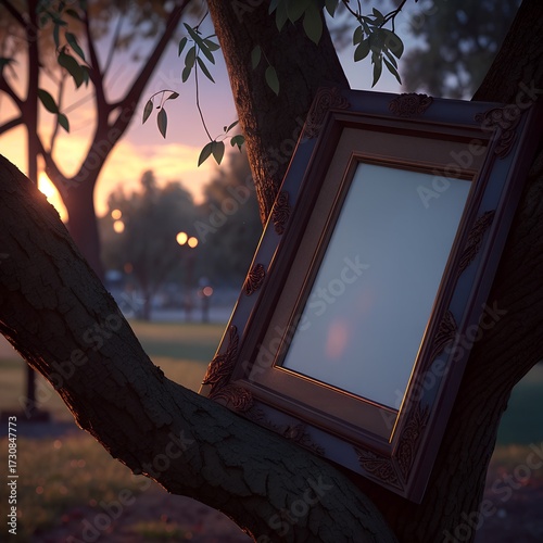 Empty photo frame hanging from tree branch at golden hour in park