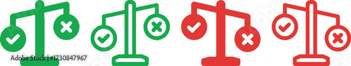 scales, justice, balance, law, decision, choice, right, wrong, checkmark, cross, tick, x, icon, symbol, graphic, design, illustration, vector, green, red, comparison, evaluation, judgment, legal, ethi