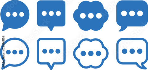 bubble, design, ellipsis, speech, illustration, with, icons, vector, speech bubble, icon, chat, message, communication, dialogue, conversation, thinking, dots, symbol, graphic, blue, collection, set, 