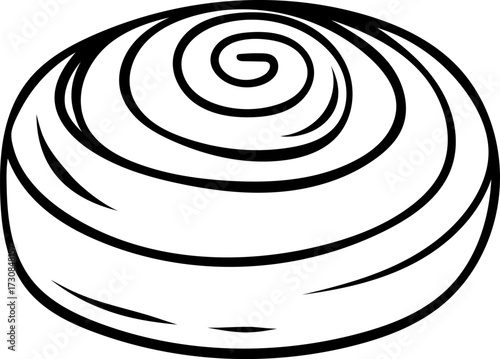 Hand-drawn black and white icon of a delicious cinnamon bun, sketch style illustration of a sweet swirled pastry. Simple doodle of a classic bakery treat with spice