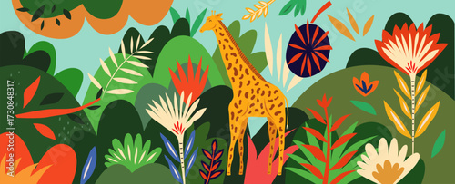 Vector illustration with giraffee in nature. 