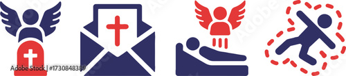 angel, tombstone, grave, death, afterlife, invitation, letter, cross, religion, christianity, sick, illness, bed, patient, falling, injury, icon, symbol, graphic, design, illustration, vector, red, bl