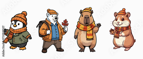 Four adorable animals in autumn clothes, penguin, polar bear, capybara, and hamster, all bundled up for fall. Animals are styled in autumn clothes, wearing hats and scarves,