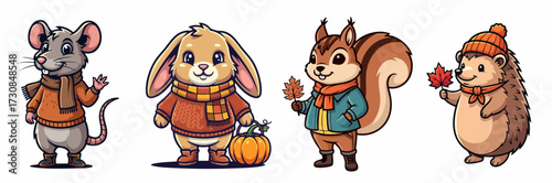 Animals in autumn clothes feature cute mouse, bunny, squirrel and hedgehog. Adorable animals include autumn elements, fall clothing, and seasonal colors,