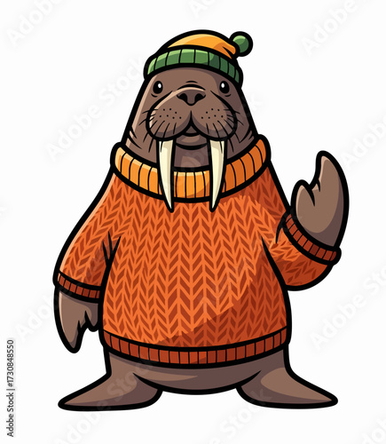 Adorable animals in autumn clothing, featuring walrus wearing orange knit sweater and beanie.