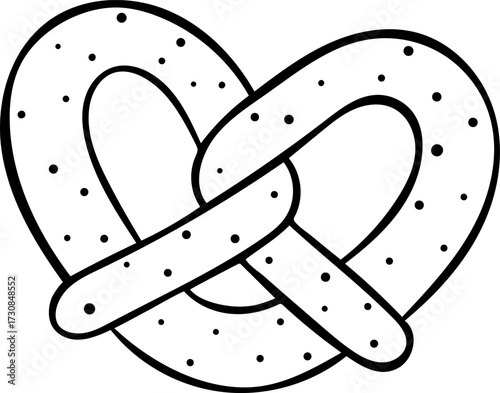 Bavarian pretzel in the shape of a heart, delicious pastries, simple black and white icon, doodle and sketch style
