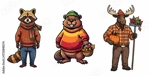 Animals in autumn outfits, including raccoon, beaver, and moose dressed for fall weather. Animals in autumn outfits depicted with seasonal harvest elements such as pumpkins and leaves,